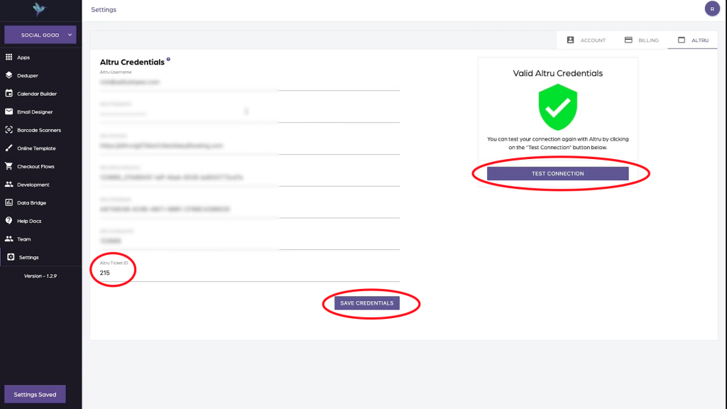Enter Altru Ticket ID, Save Credentials, and Test Connection.