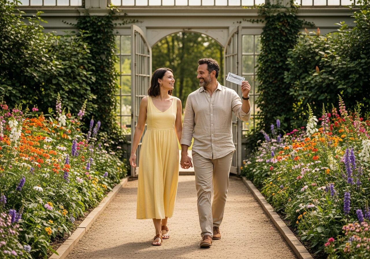A couple walking through the flower-lined entrance path of a botanical garden