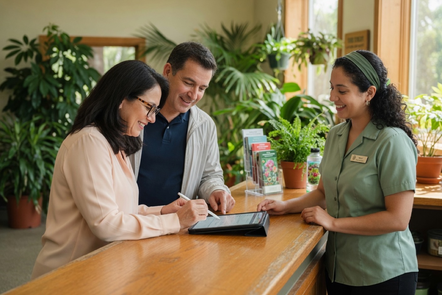 Two visitors and a staff member at a botanical garden counter completing a digital waiver
