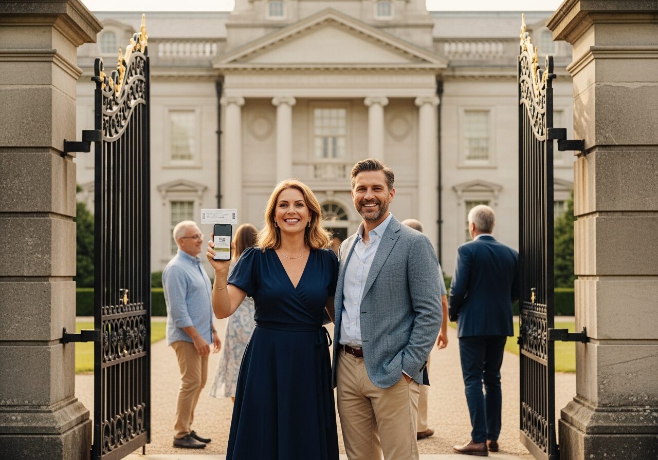 Two visitors at the grand entrance of a historic mansion estate