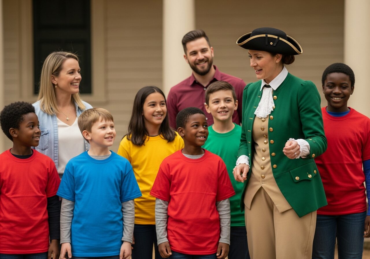 A school group touring a colonial-era historic house with a costumed guide