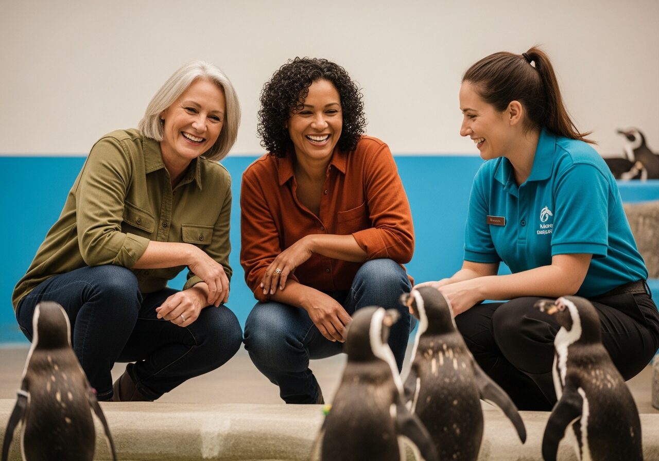 Two visitors on a behind-the-scenes penguin encounter with a keeper