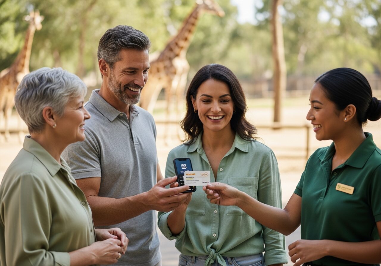 A family at a zoo membership desk with an animal habitat behind