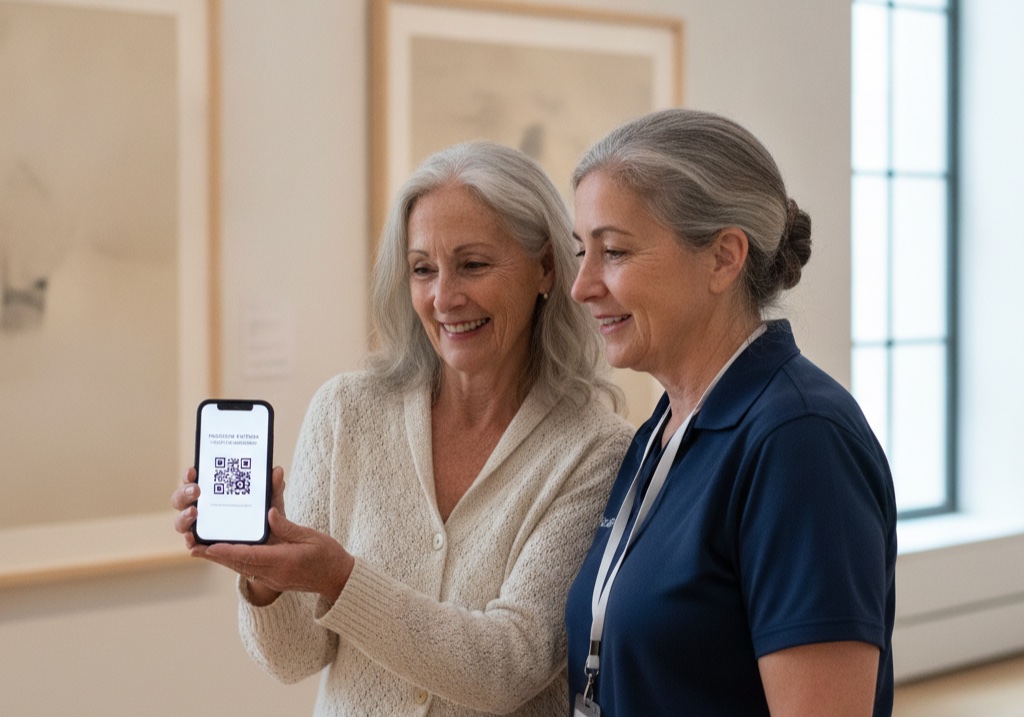 A grandmother showing her digital museum membership card on her phone to a museum staff member in the gallery