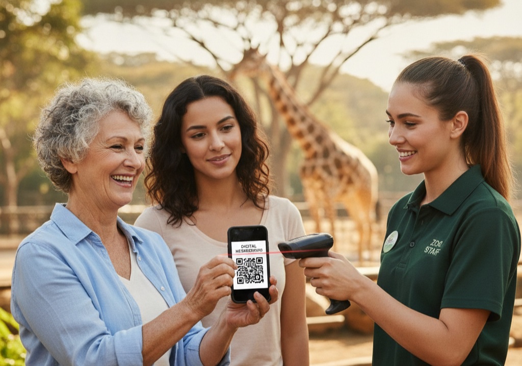A grandmother showing her digital membership card on her phone to a zoo staff member who scans it, at the zoo entrance